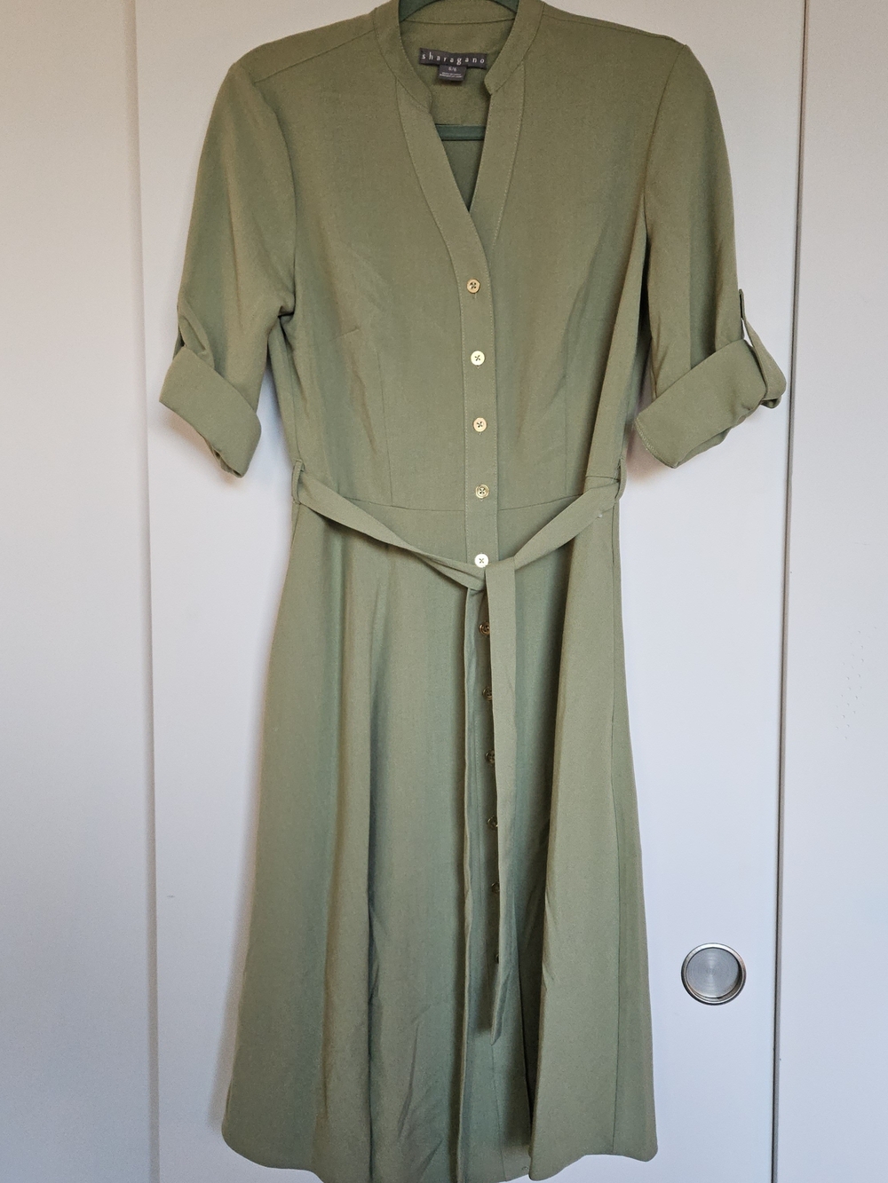Sharagano Sage Green Midi Shirt Dress with Tie Waist